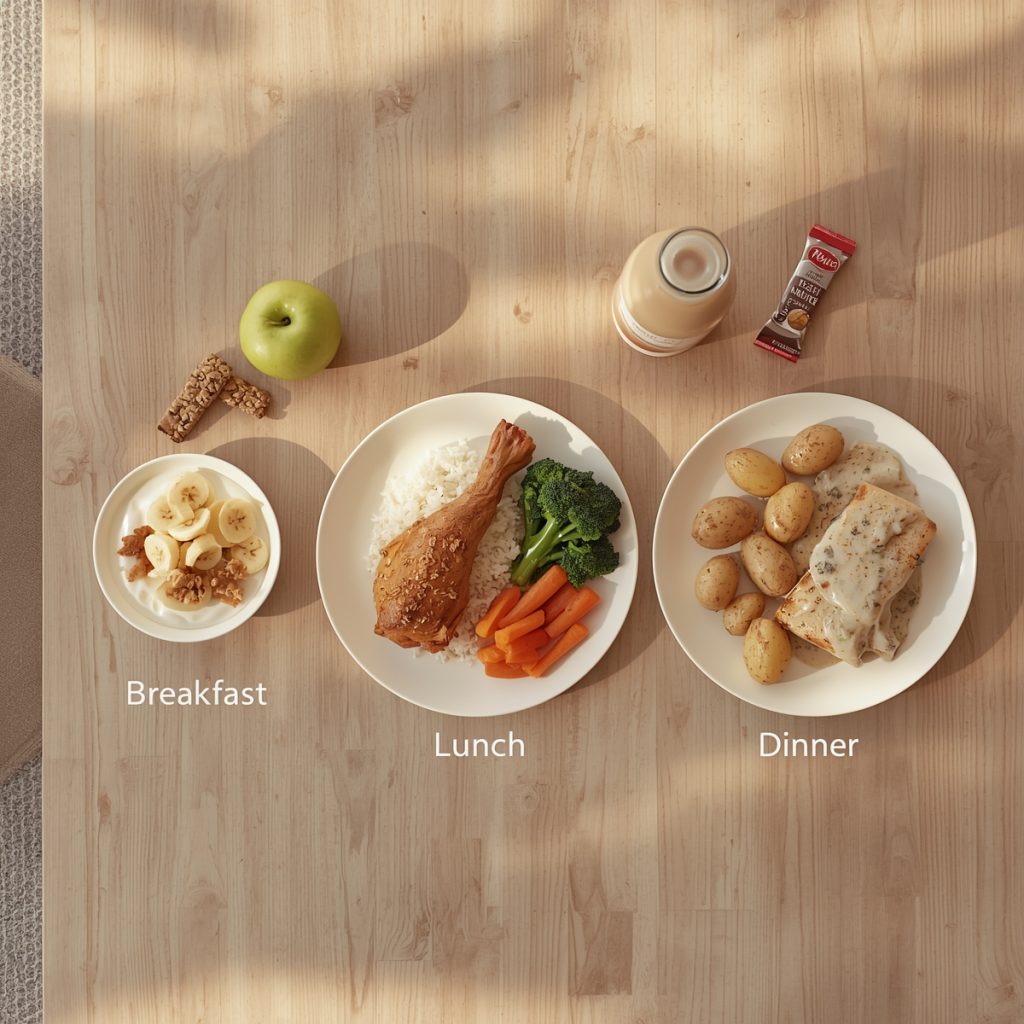 How to Reduce Stress: 5 Habits Proven to Improve Quality of Life Image explaining how diet can reduce stress. A balanced and healthy breakfast, lunch and dinner