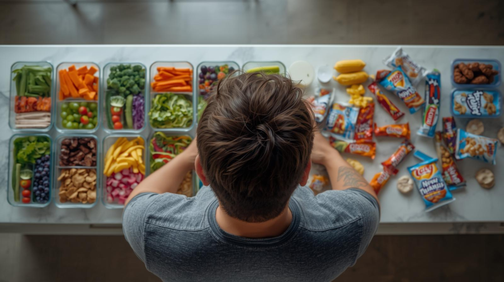 5 Symptoms of Stress: How to Relieve Them Stressed person deciding between healthy meals and junk food, illustrating stress-related overeating. (symptoms of stress)