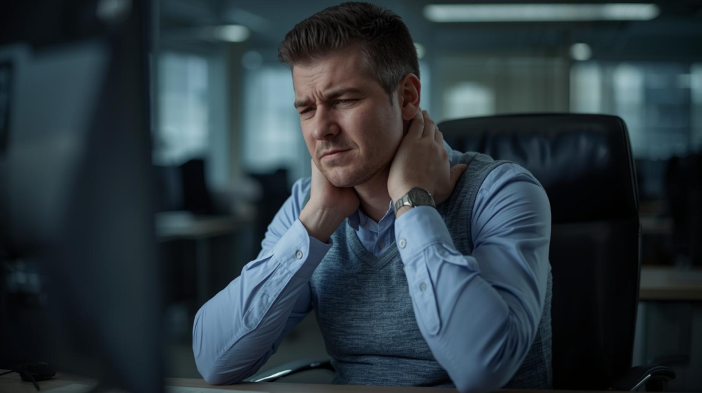 5 Symptoms of Stress: How to Relieve Them Person experiencing muscle tension and headaches due to stress, holding neck and shoulders in pain. (symptoms of stress)