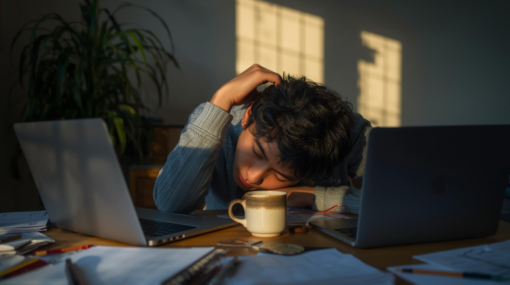 5 Symptoms of Stress: How to Relieve Them Fatigued person showing low energy and exhaustion caused by stress, slumping at a work desk. (symptoms of stress)