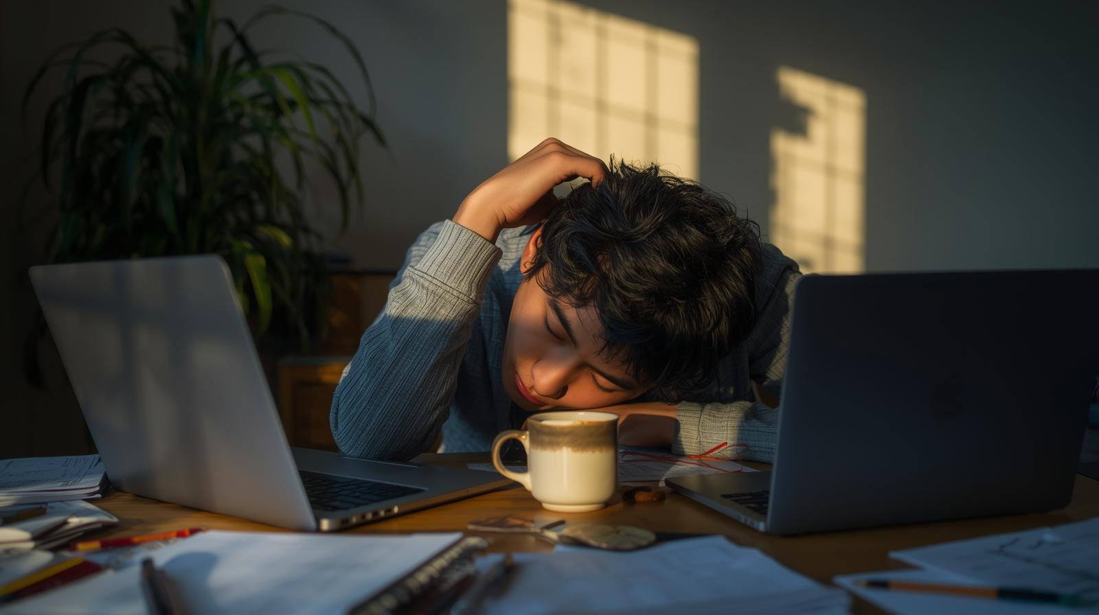 Fatigued person showing low energy and exhaustion caused by stress, slumping at a work desk. (symptoms of stress)