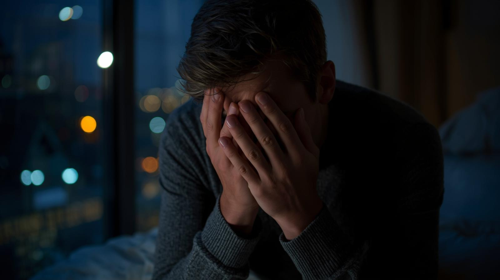 5 Symptoms of Stress: How to Relieve Them Person sitting awake at night due to insomnia, showing stress-related sleep difficulties. (symptoms of stress)