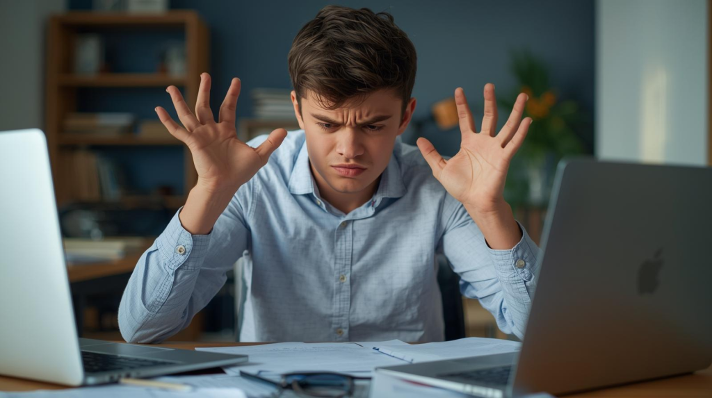 5 Symptoms of Stress: How to Relieve Them Person showing irritation and frustration caused by minor daily annoyances at a cluttered desk. (Symptoms of stress)